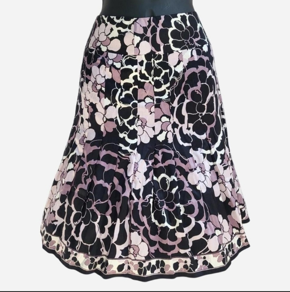 Elie Tahari Black and Pink Midi A-Line Skirt